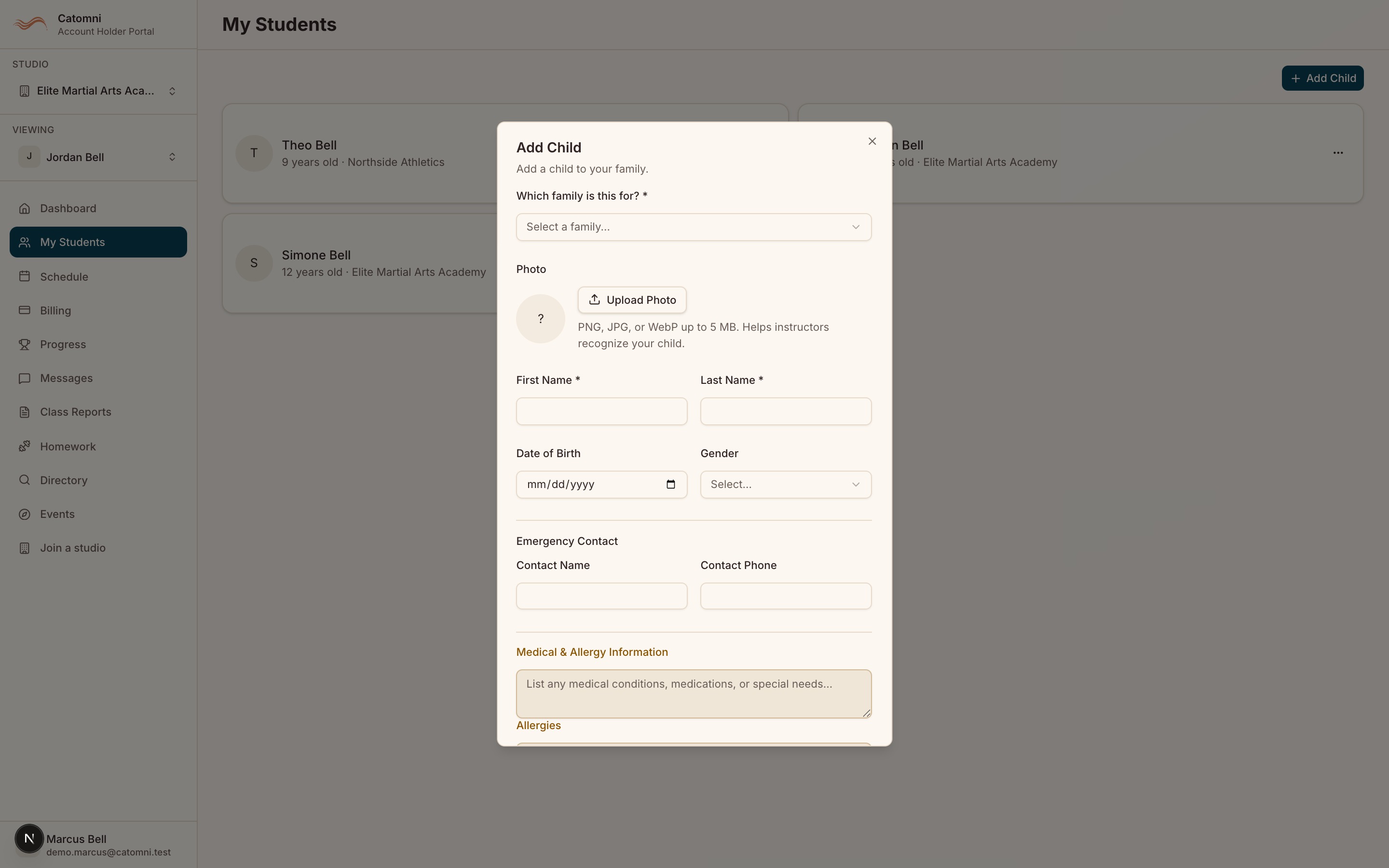 The Add Child dialog scrolled to show the photo upload, First/Last name, Date of Birth with the calculated age, and the Emergency Contact section — with the "Which family is this for?" select visible at the top.