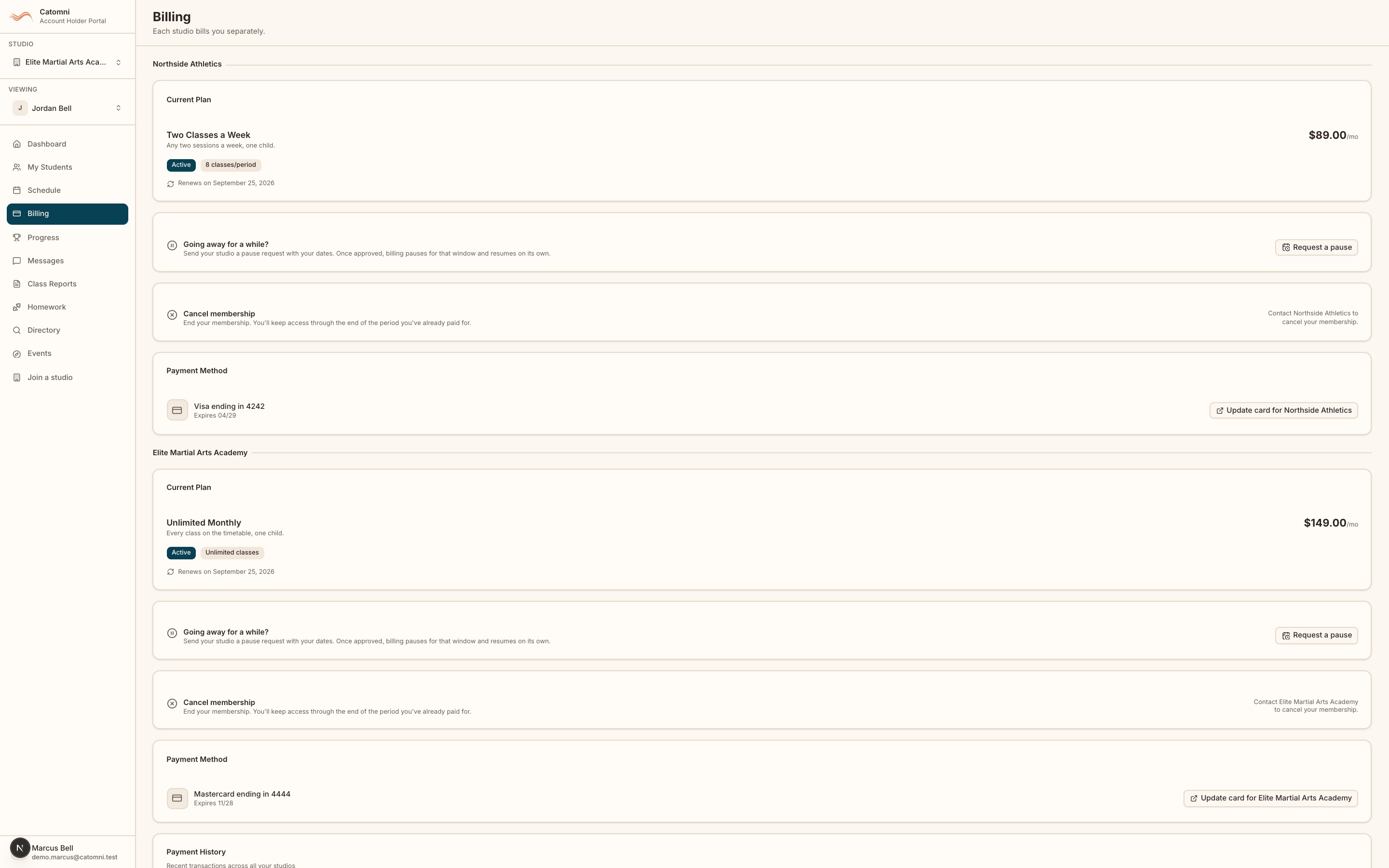 The portal Billing page for an account with two studios, so the "Each studio bills you separately." subtitle and two studio sections are visible — one Current Plan card with a renewal date, one Payment Method card with a saved card, and the aggregated Payment History below.