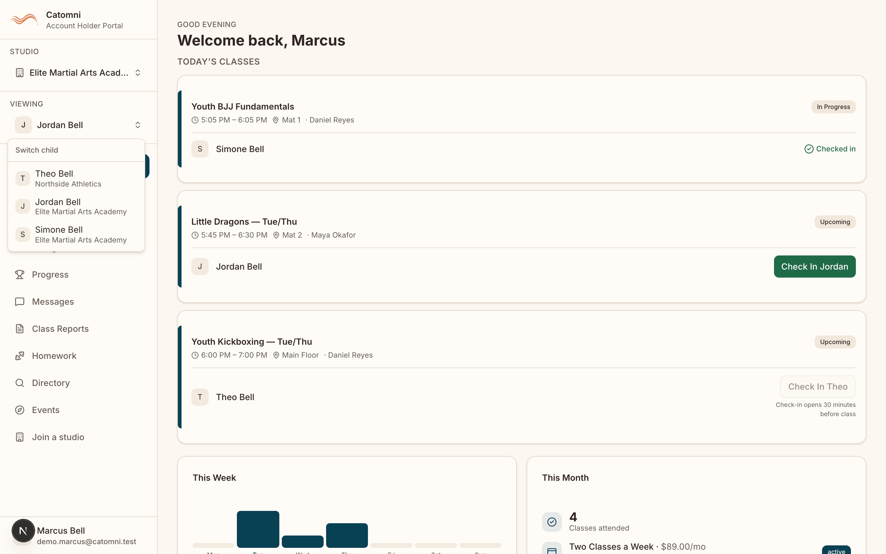 The "Viewing" child switcher in the portal sidebar open, listing every child on the account.