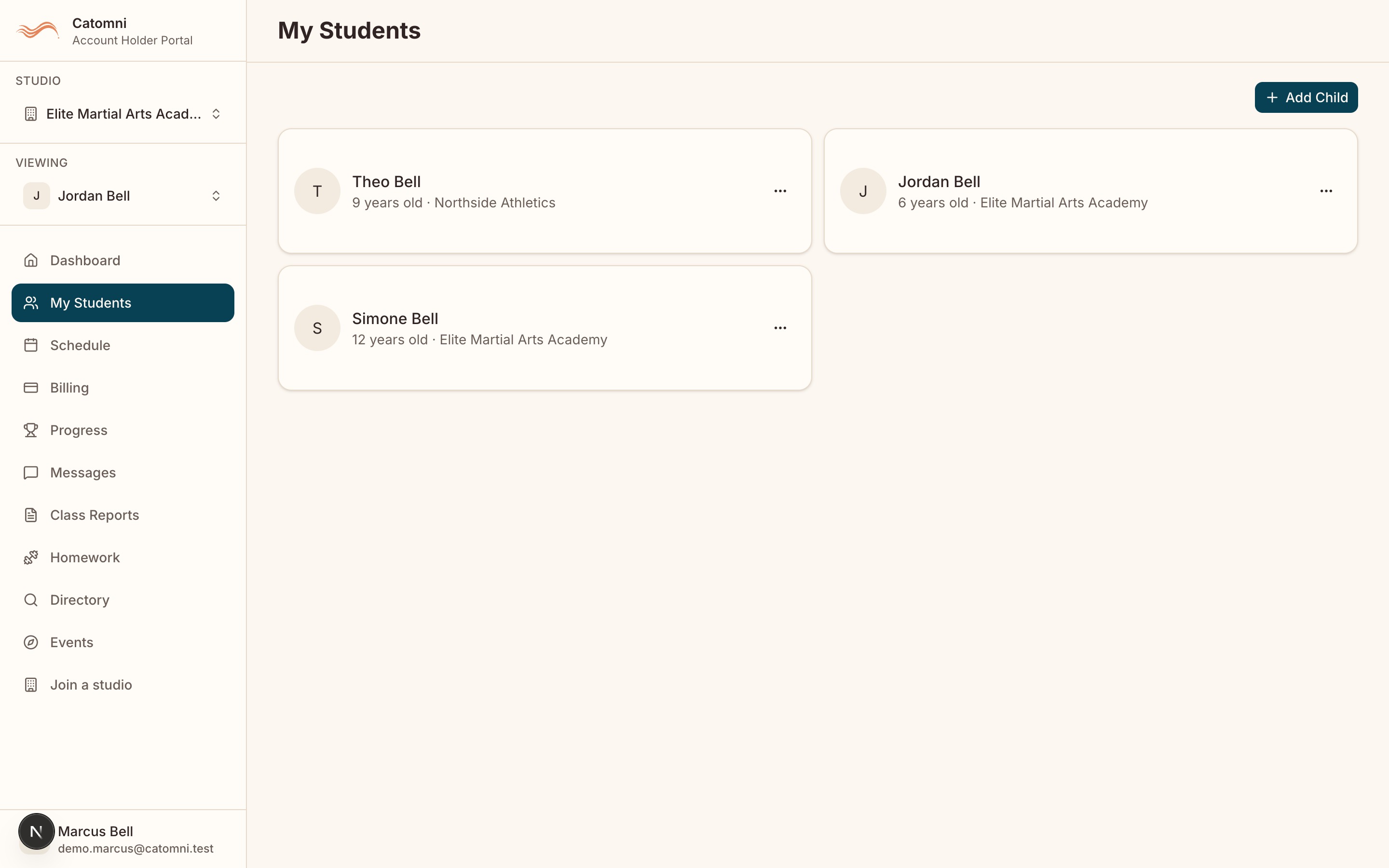 The My Students page listing the children on the account with their age, the classes each is enrolled in, and the Add Child button.