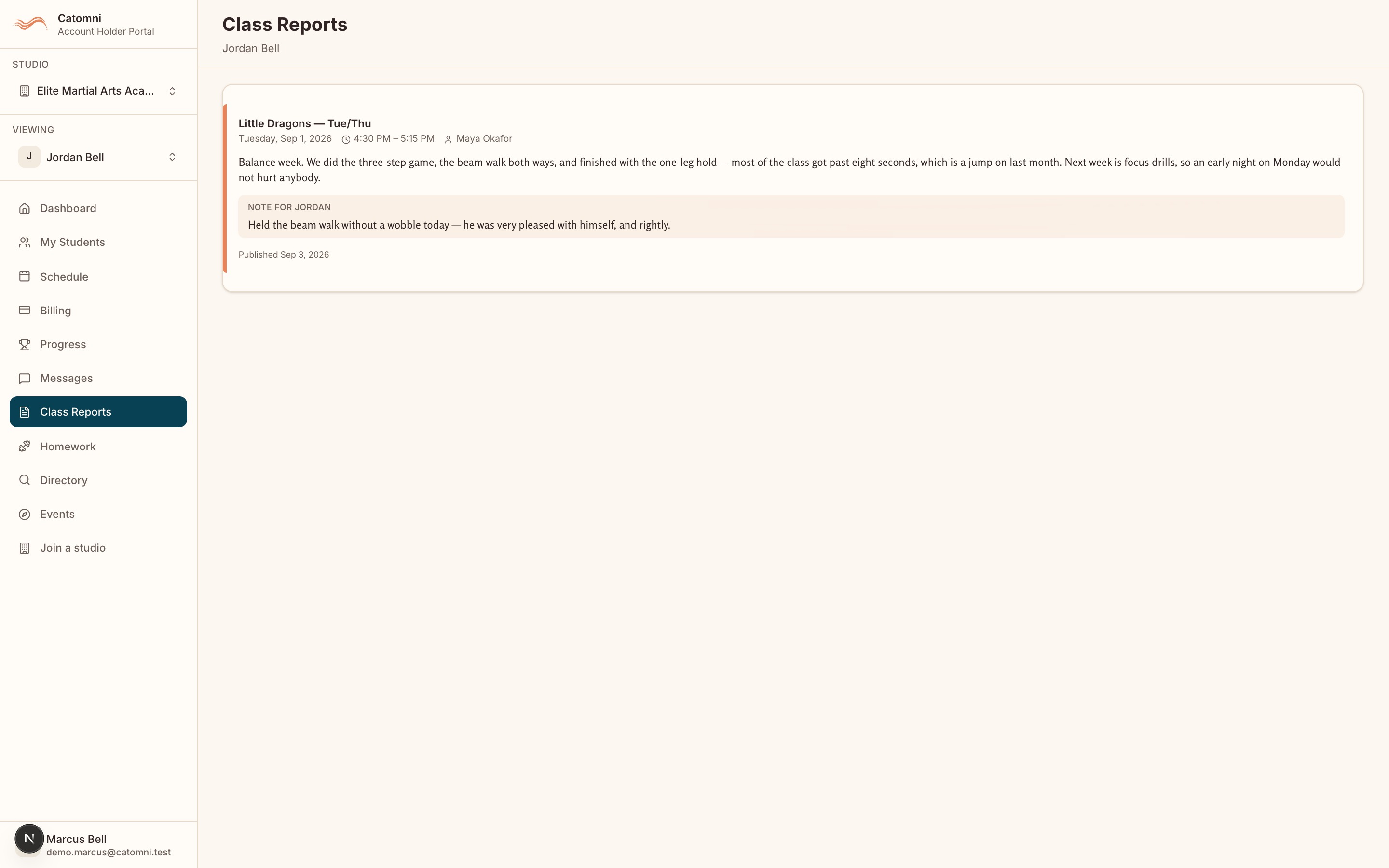 A published class report in the portal: the session it belongs to, the recap the instructor wrote, and the private note for this child underneath it.
