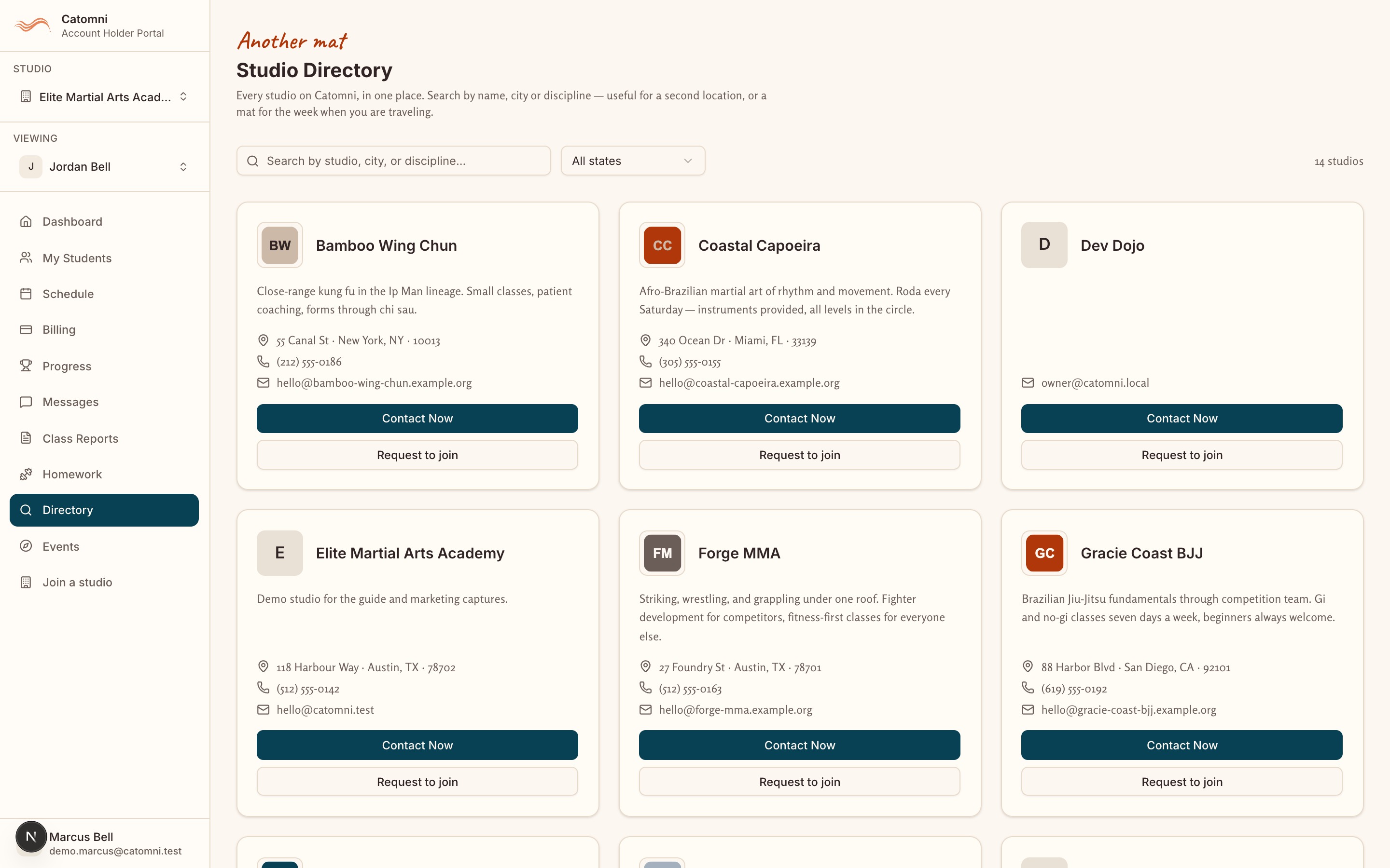 The Studio Directory listing several studios with their location and disciplines, and the search field above them.