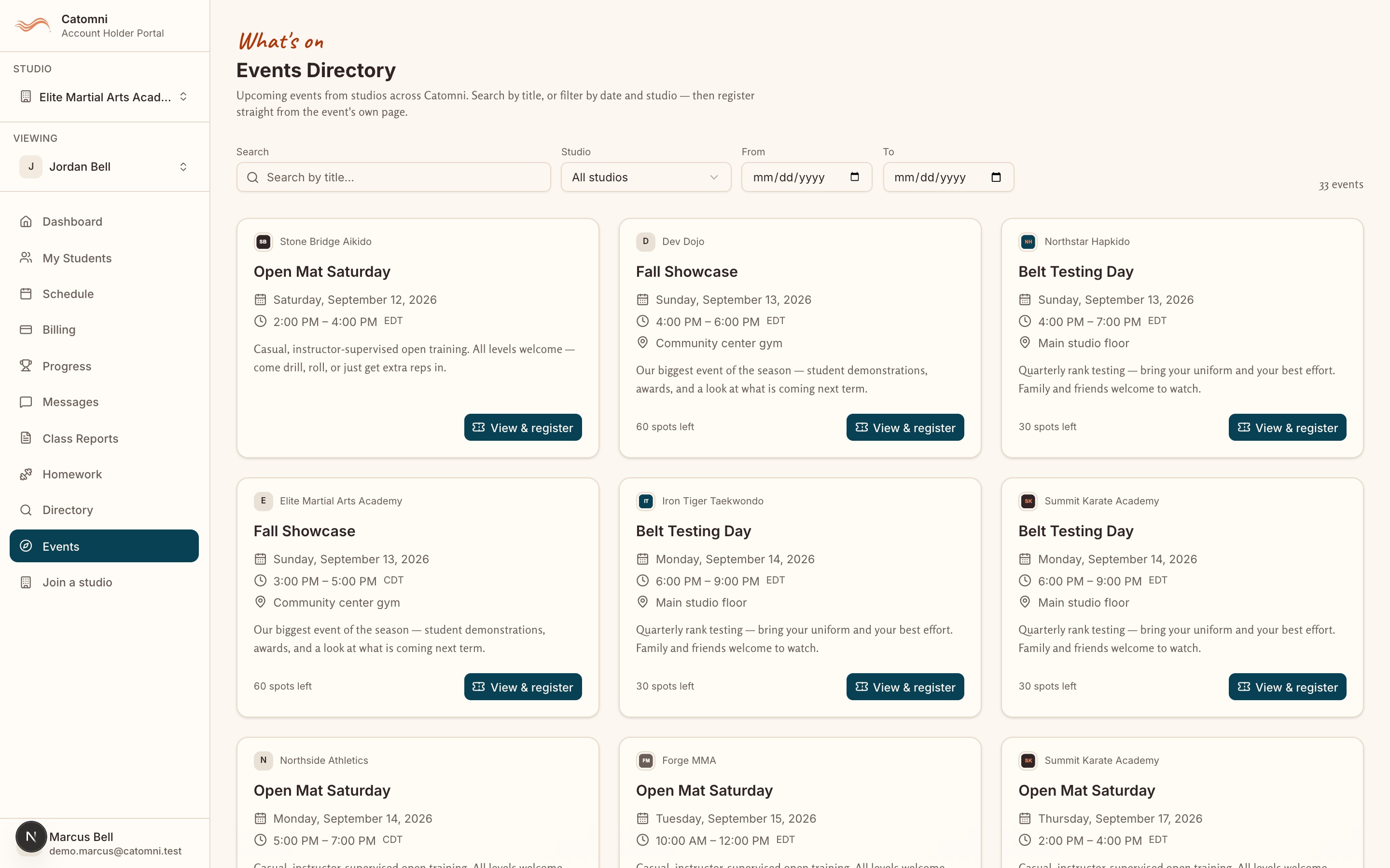The Events Directory listing upcoming events across studios with their date, host studio, and price or free label.