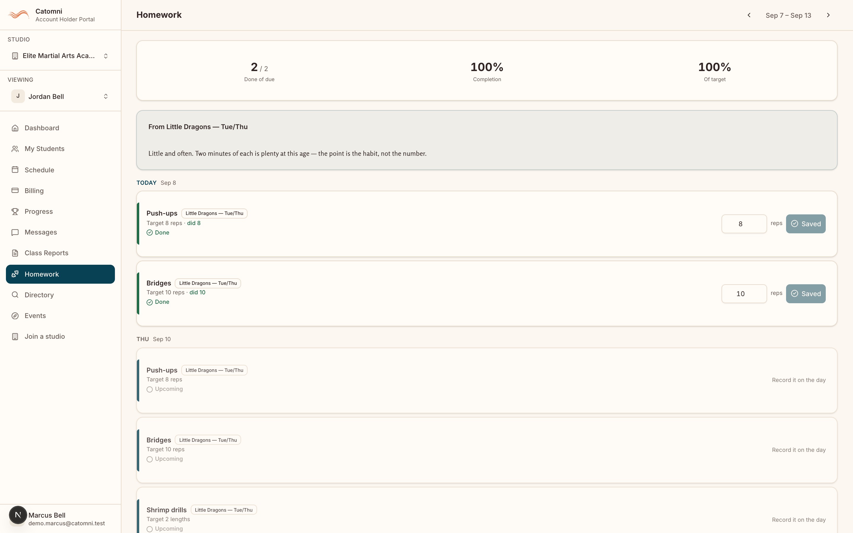 The portal Homework page showing this week’s activities with their targets, the days each is due, and what has already been recorded.