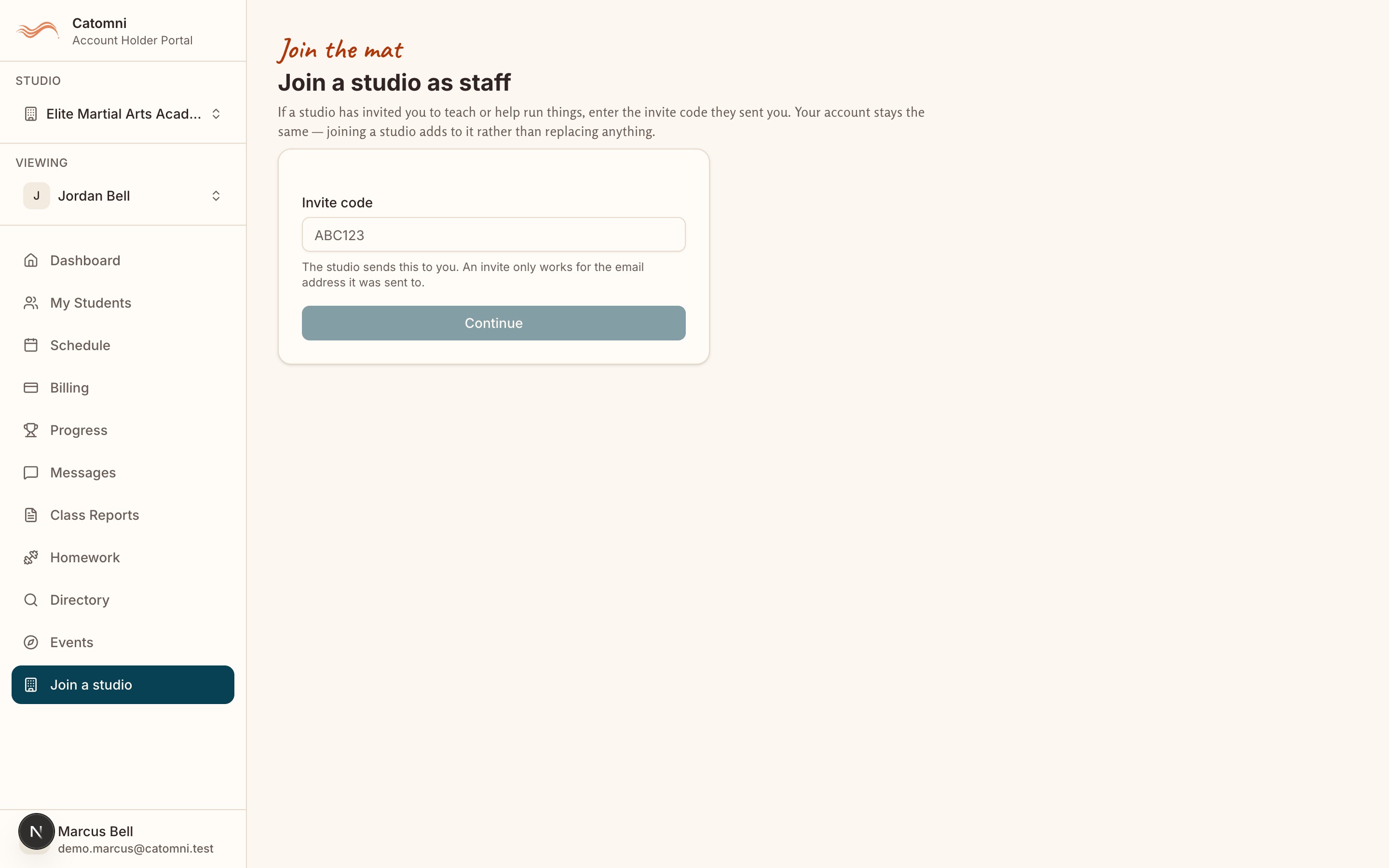 The "Join a studio as staff" page with its Invite code field and the note that an invite only works for the email address it was sent to.
