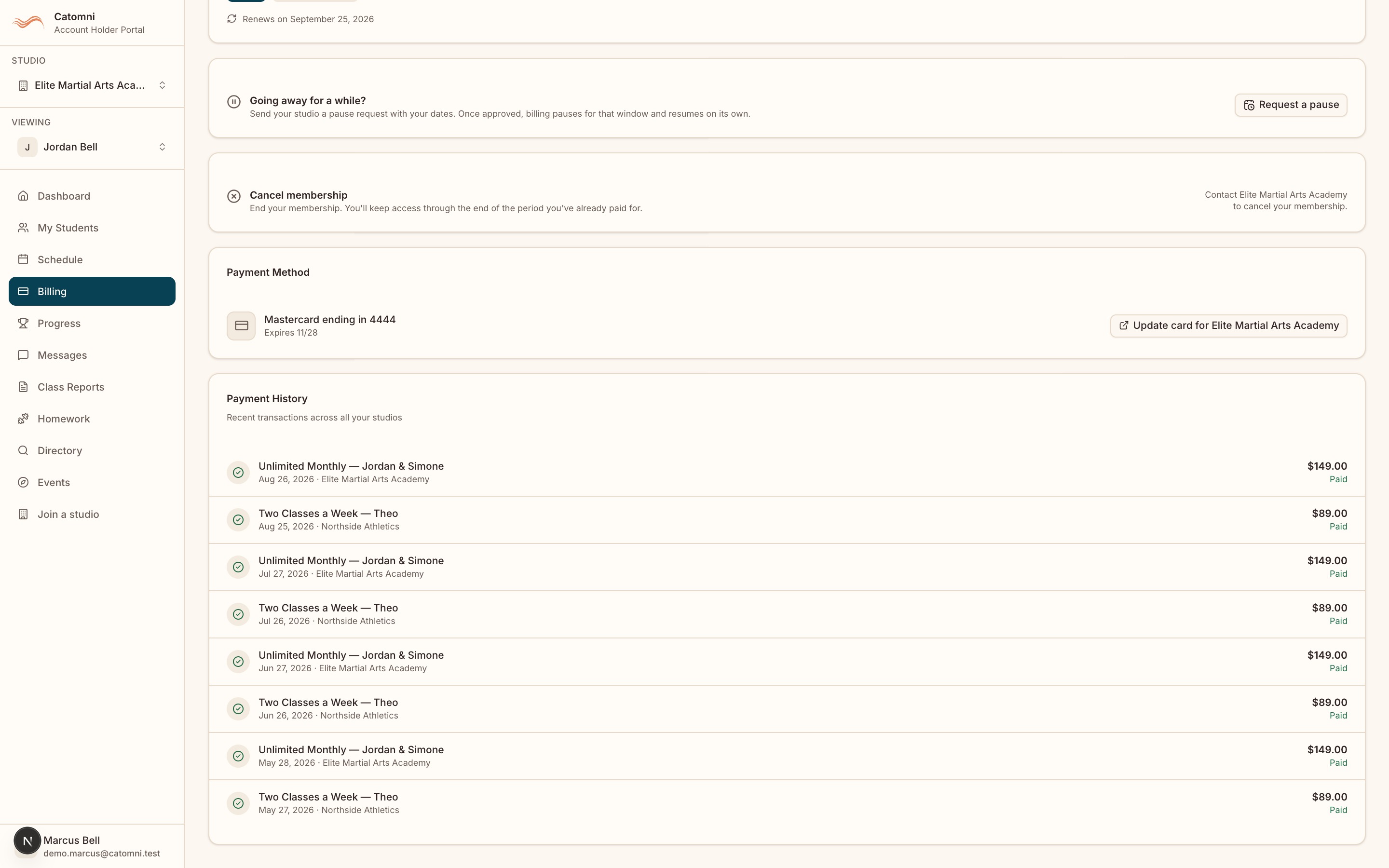 The Payment History table at the foot of the portal Billing page, listing payments across every studio with their date, studio, description and amount.