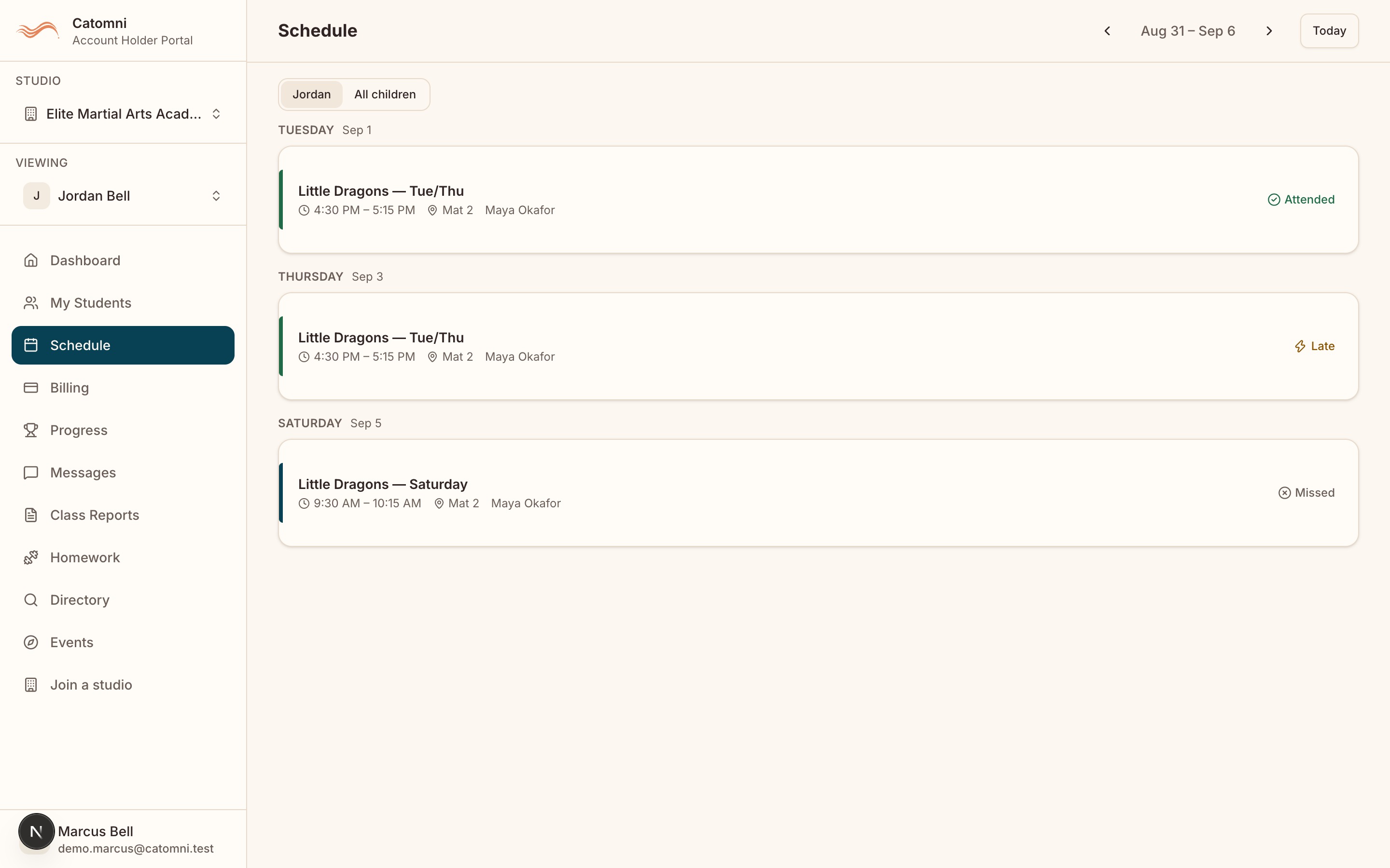 The portal Schedule on a past week so the attendance badges are visible — at least one Attended, one Missed and one Late — with the child / All children toggle in the header.