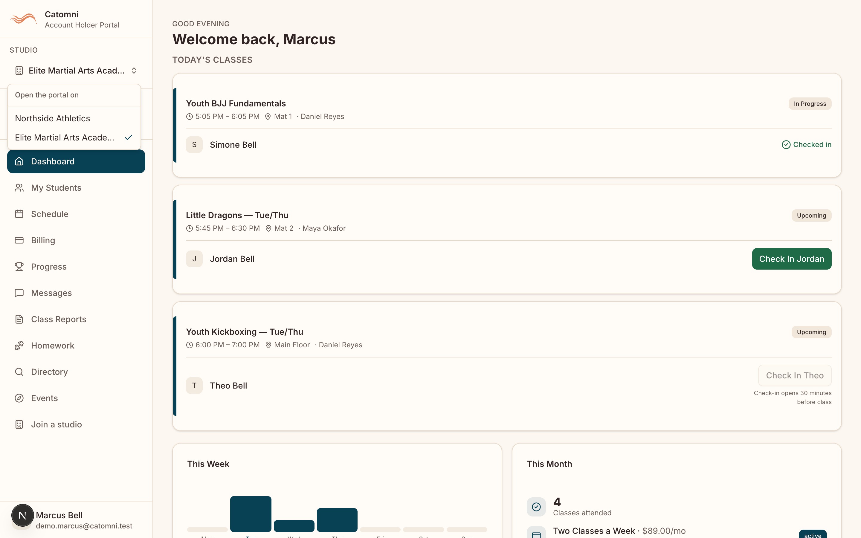 The "Studio" switcher at the top of the portal sidebar open, listing each studio the account holds children at.