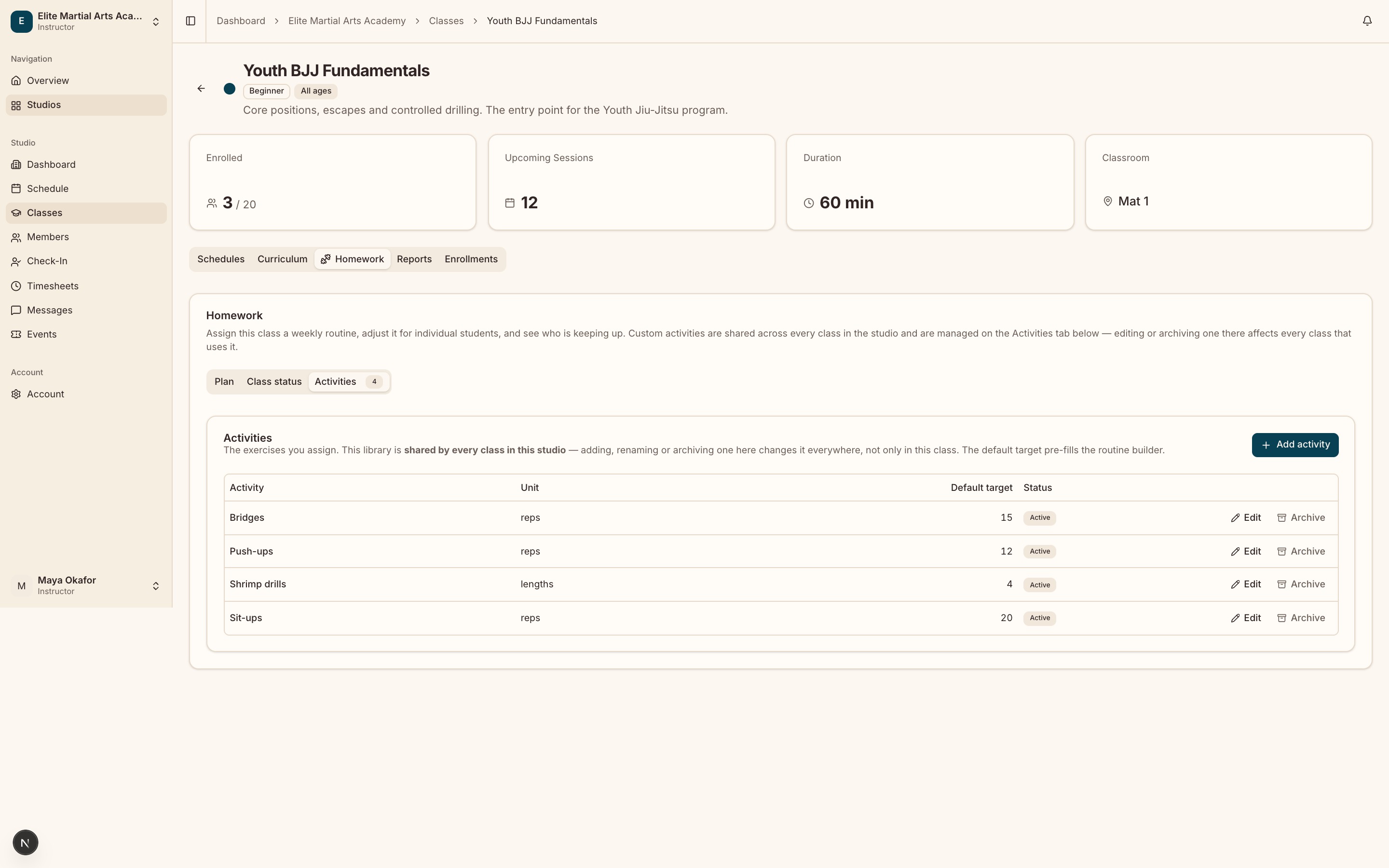 The Activities sub-tab listing the studio’s shared activity library with each one’s unit and default target.