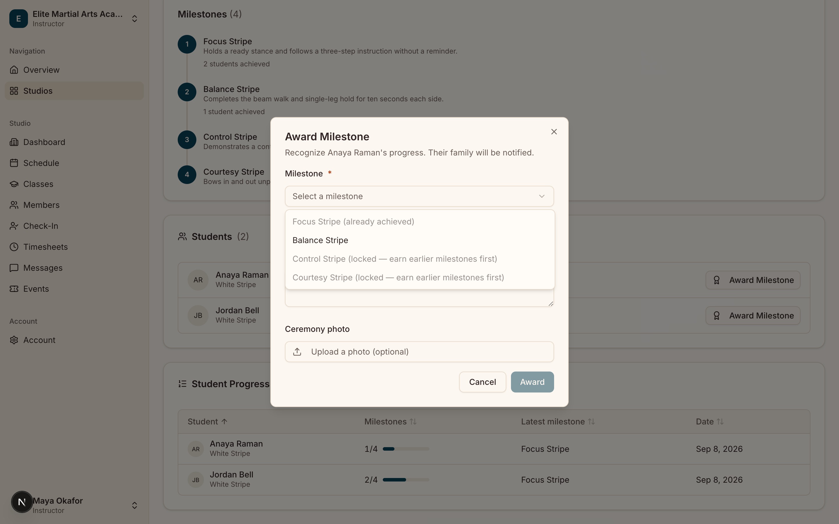 The "Award Milestone" dialog open over a program page, with the Milestone select expanded to show at least one entry marked "(already achieved)" and one marked "(locked — earn earlier milestones first)".