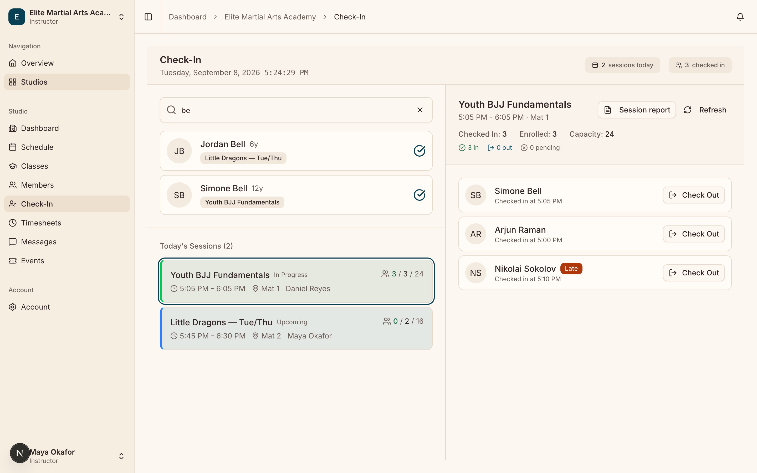 The Check-In page with both panels visible: the name search on the left with a few results showing, and "Today’s Sessions (N)" on the right with cards in at least two different states (Upcoming and In Progress).