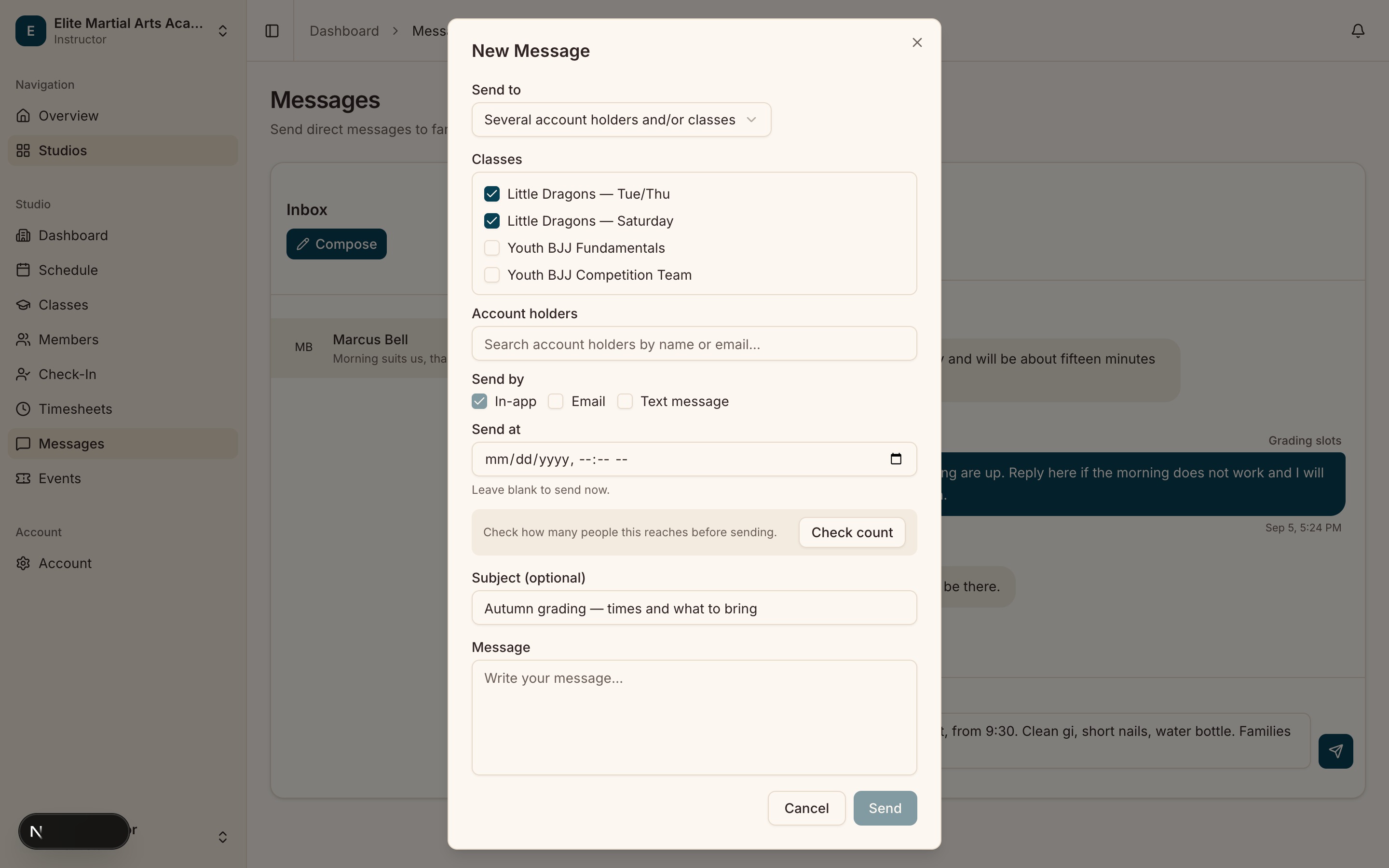 The "New Message" dialog with the recipient type set to "Several account holders and/or classes", so the "Send at" field and its "Leave blank to send now." helper are both visible.