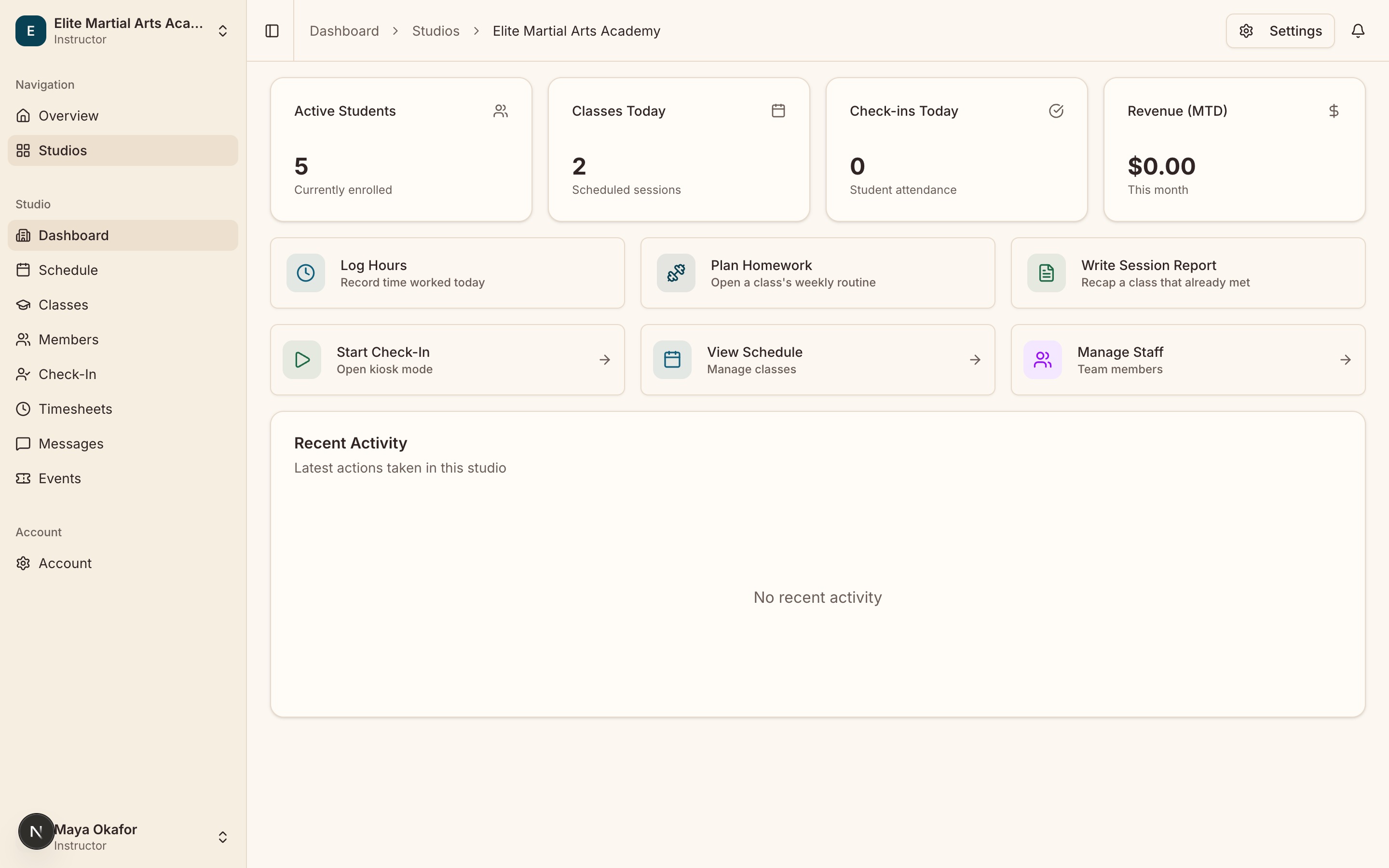 The studio dashboard as an instructor sees it, with the left sidebar showing the sections the role can reach.