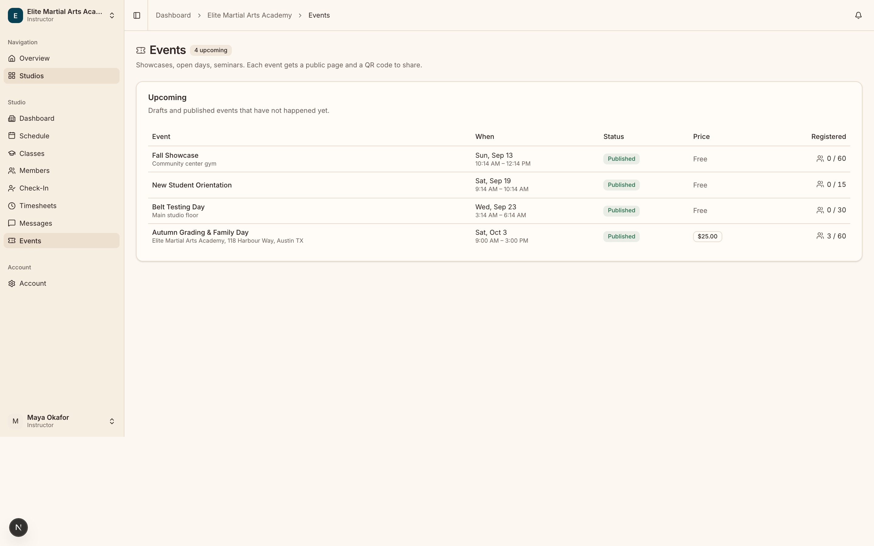 The studio Events list as an instructor sees it, showing the published events without the create or publish controls.