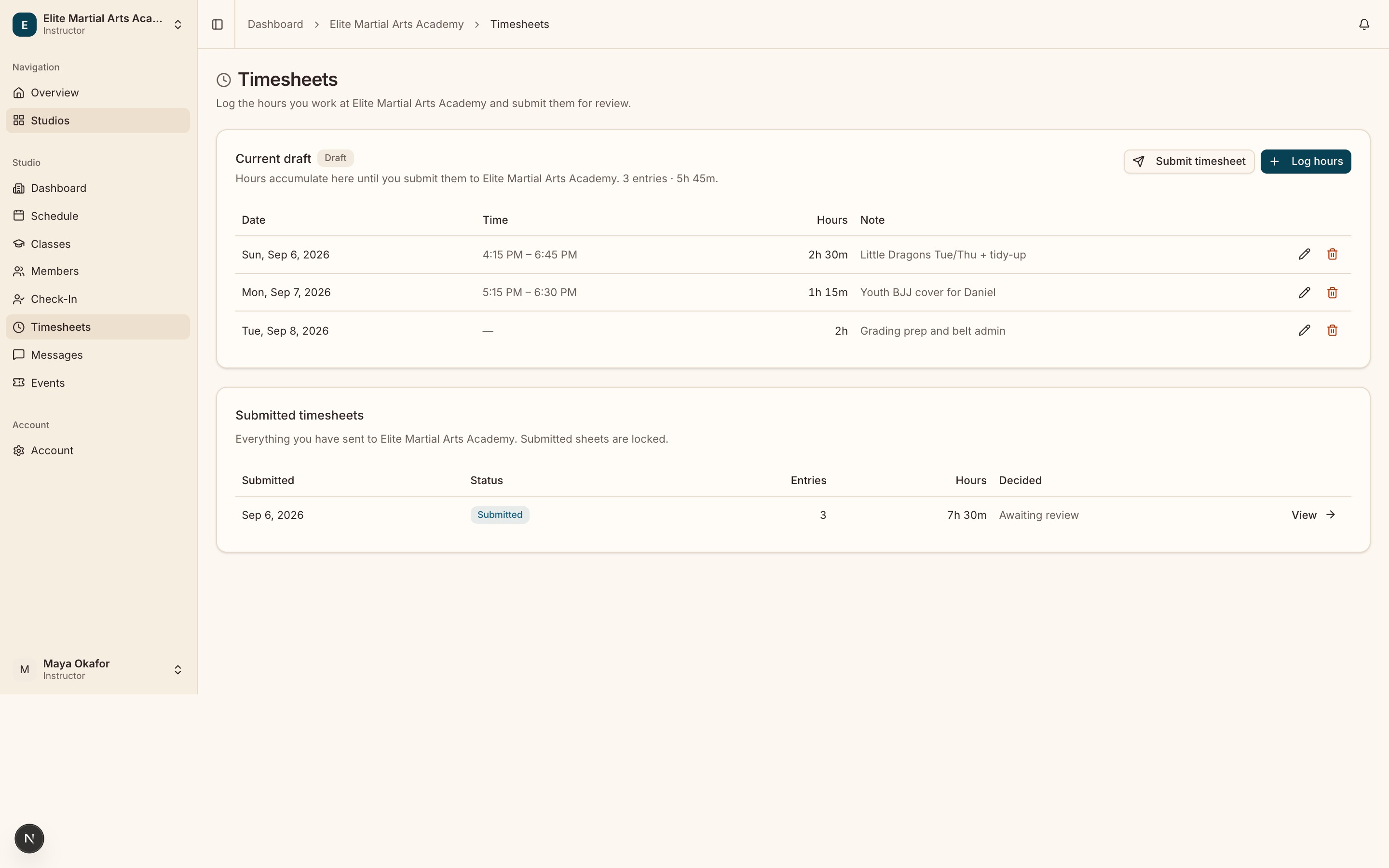 The Timesheets page on My hours, with the current draft open and its entries listed, each showing the date, times and duration.