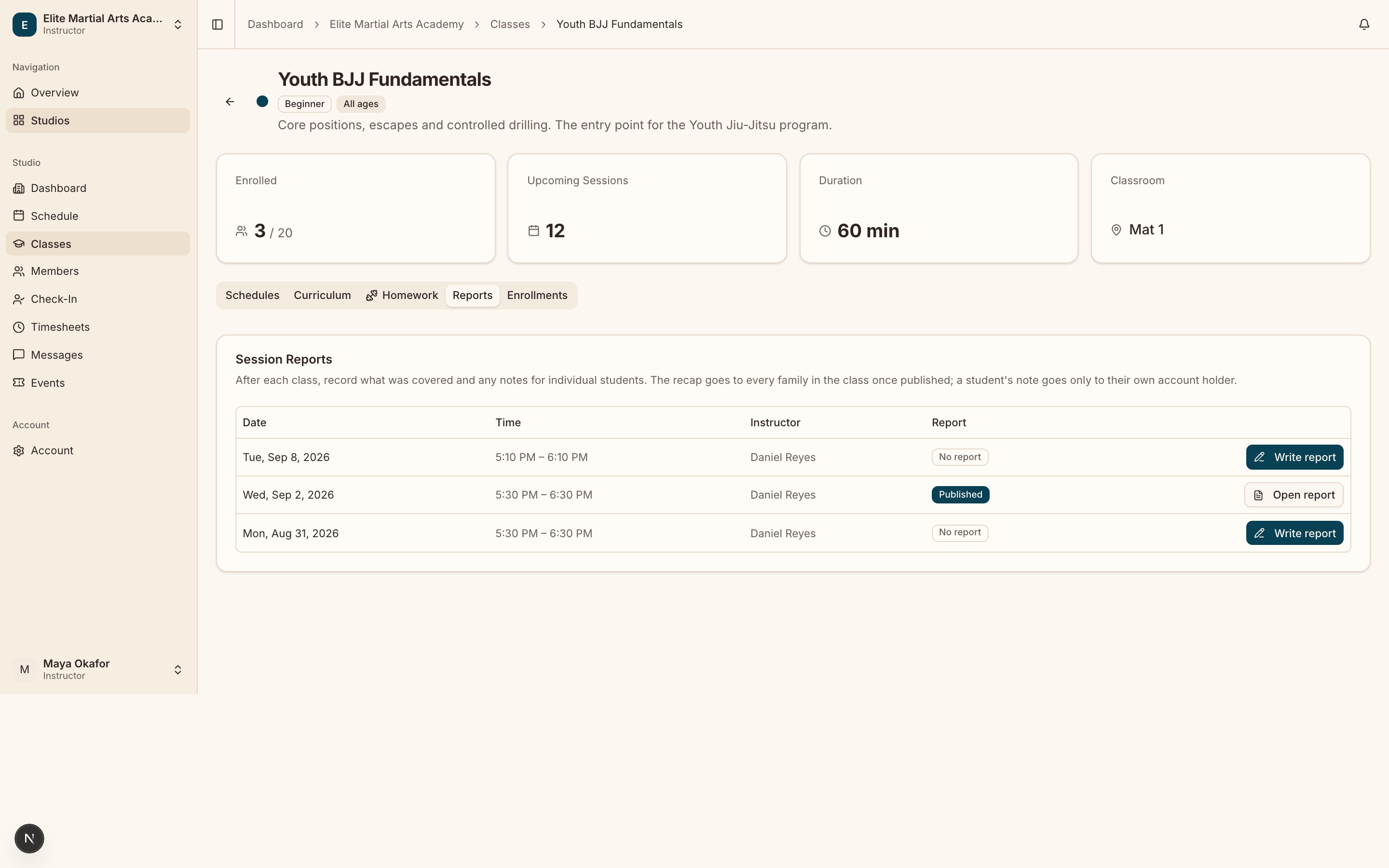 A class’s Reports tab listing its sessions with which already have a published report and which do not.