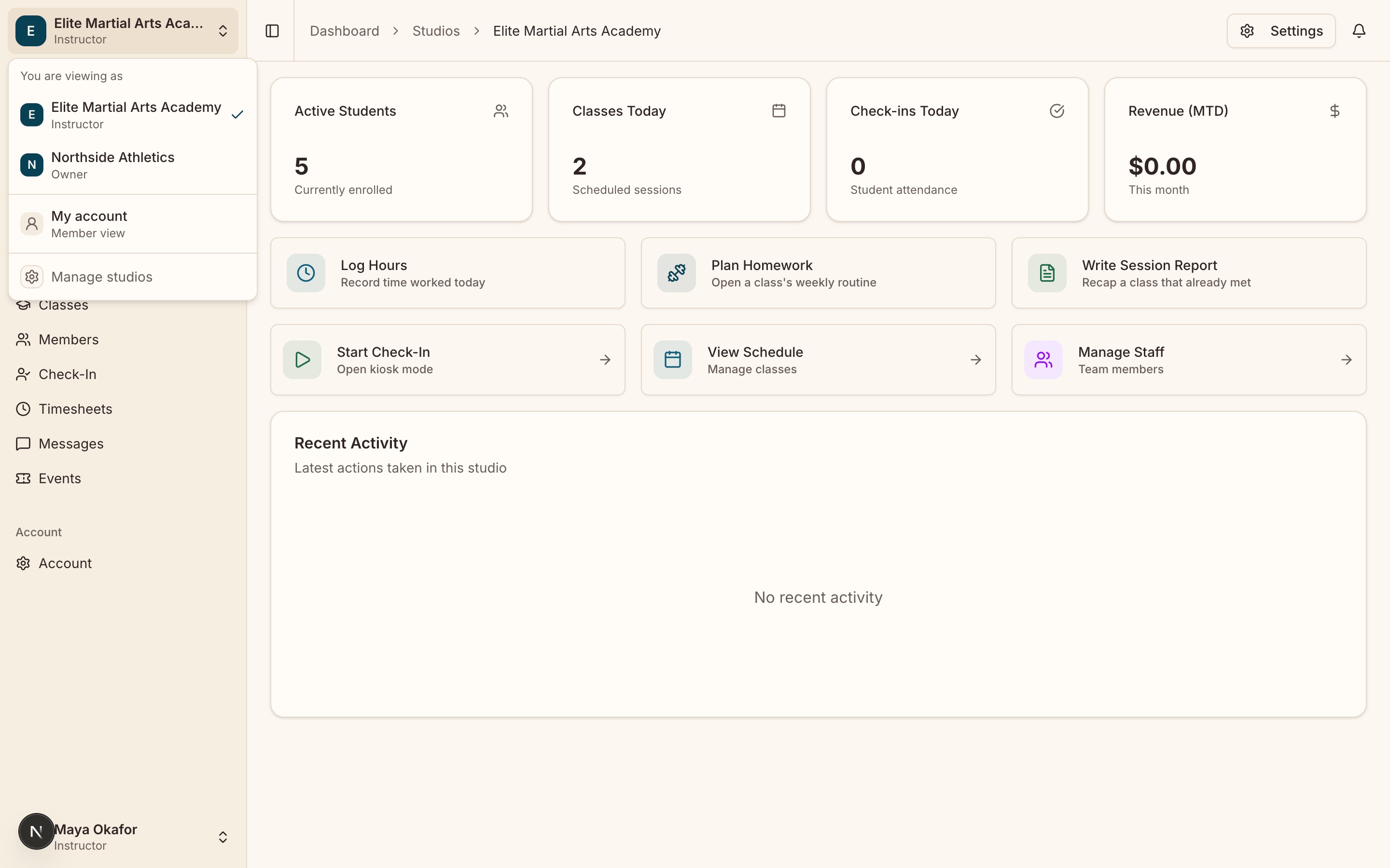 The studio switcher at the top of the sidebar open, listing every studio the account belongs to with the current one marked.