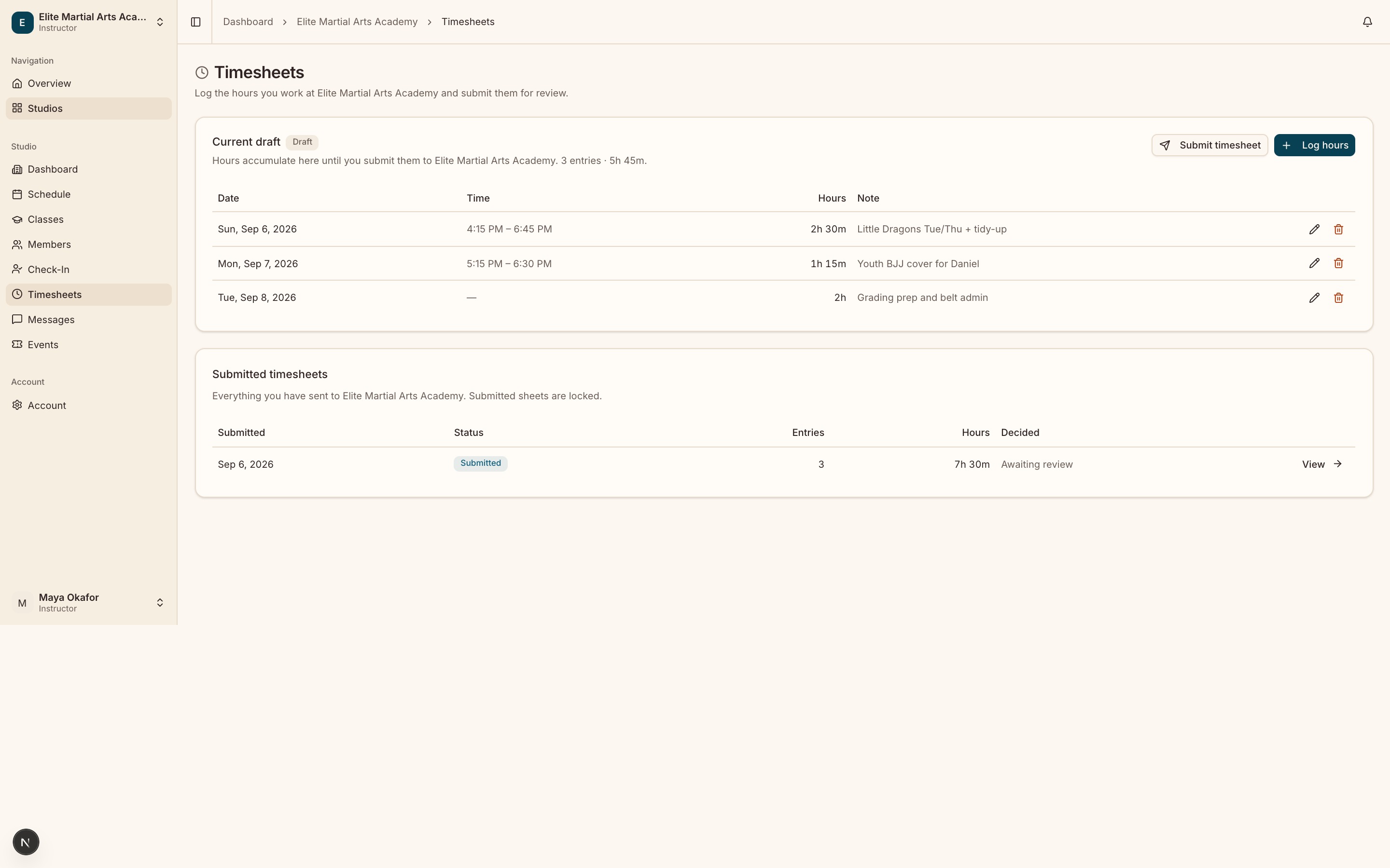 The Timesheets page showing the "Current draft" card with two or three logged entries and the Submit timesheet button, plus the "Submitted timesheets" history table below.