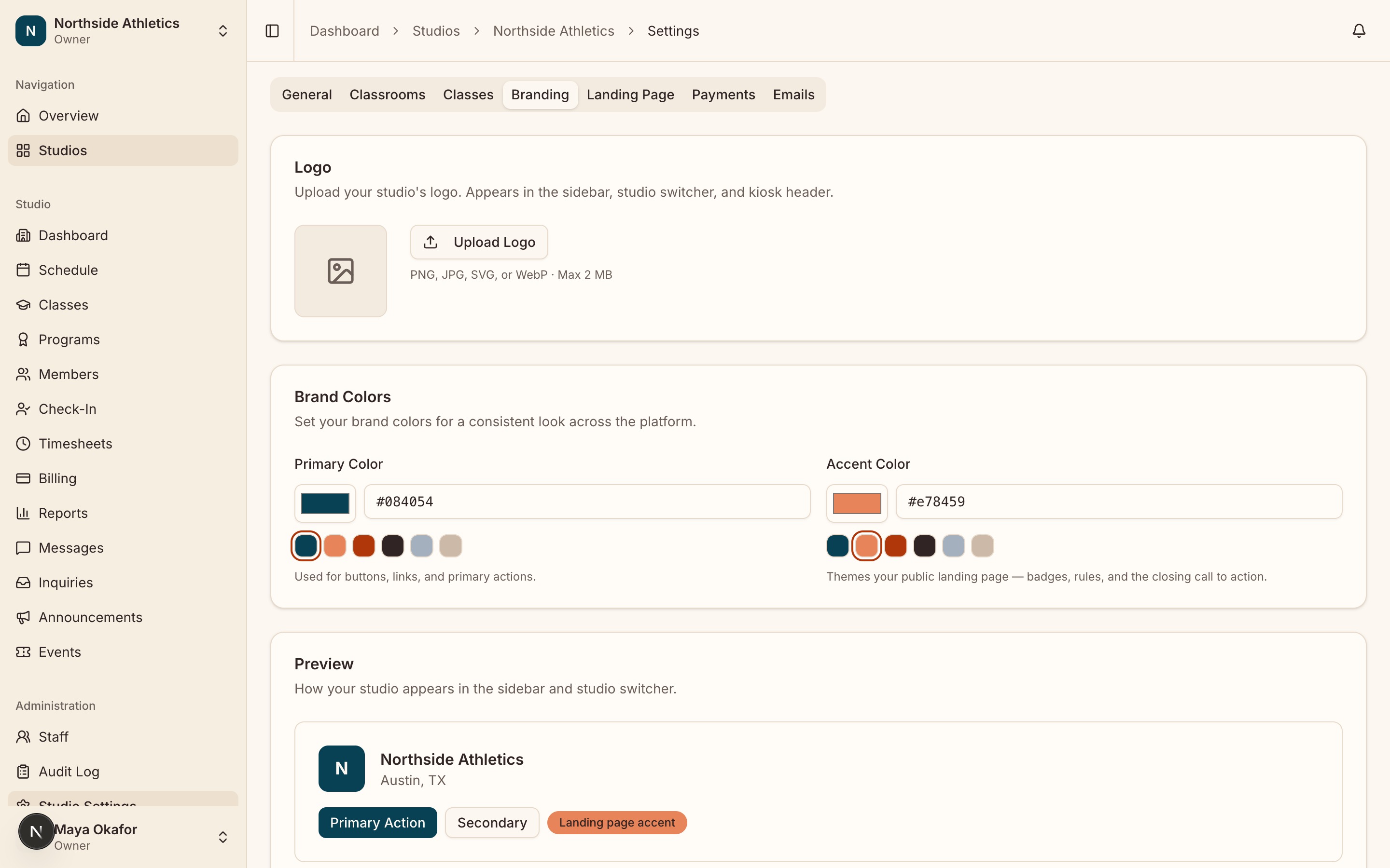The Branding tab showing the logo upload area, the Primary and Accent colour pickers with what each one is used for, and the live sidebar preview beneath them.