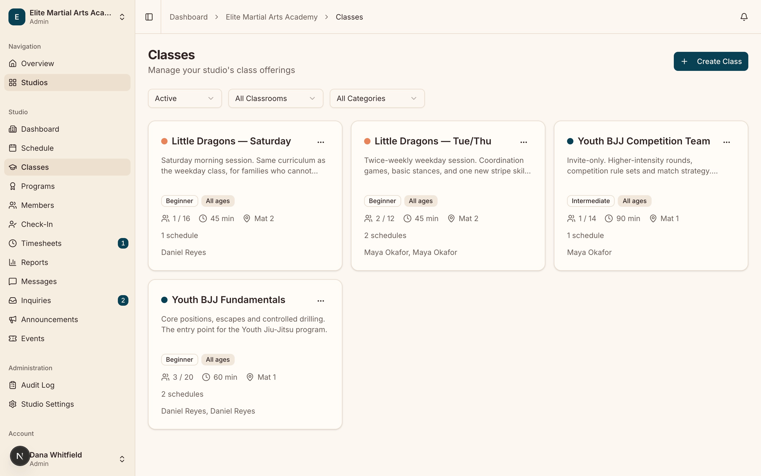 The Classes list showing several classes with their category, level, enrolment counts and capacity.