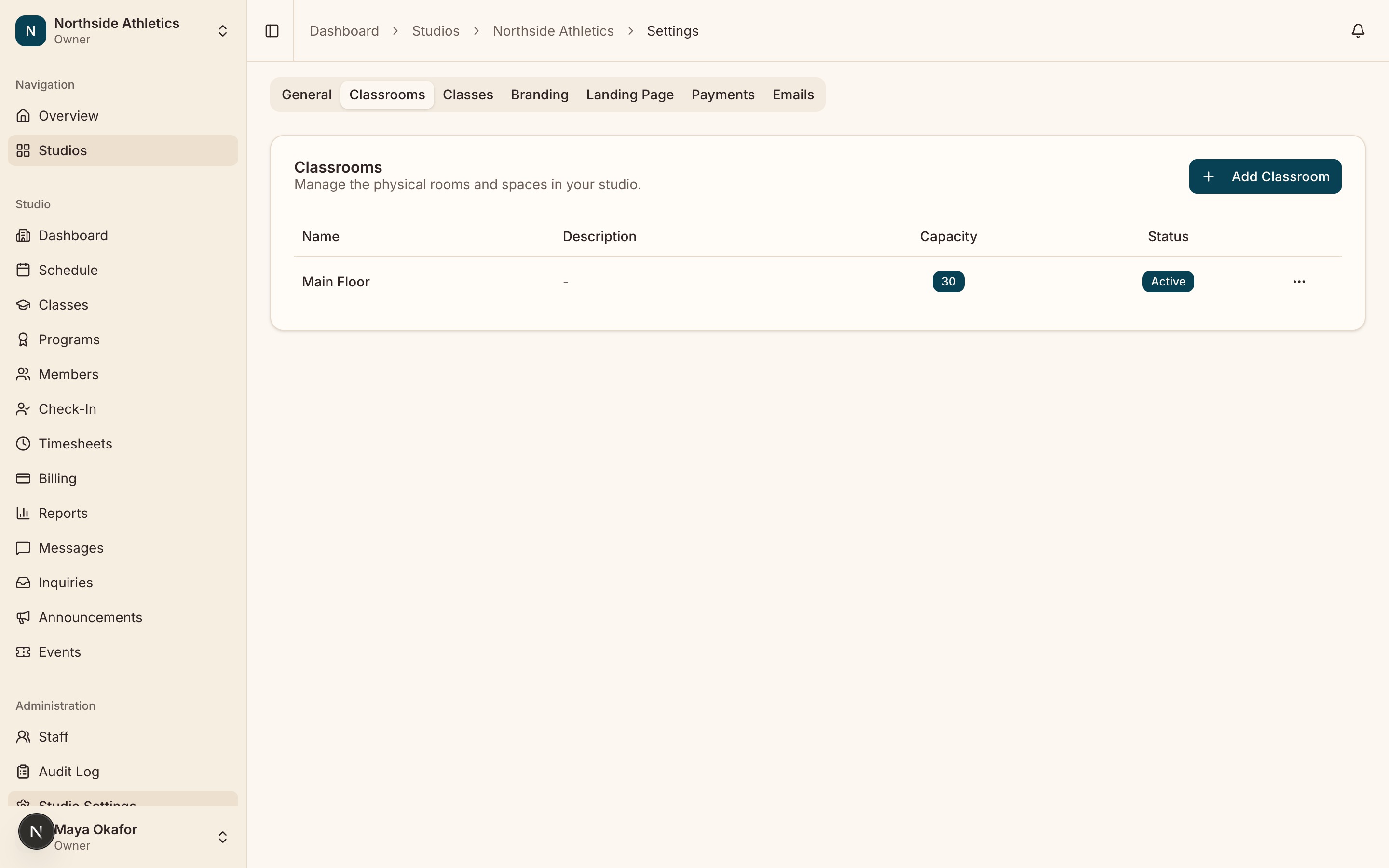 The Classrooms tab listing the rooms that already exist, with their capacities and the control for adding another.