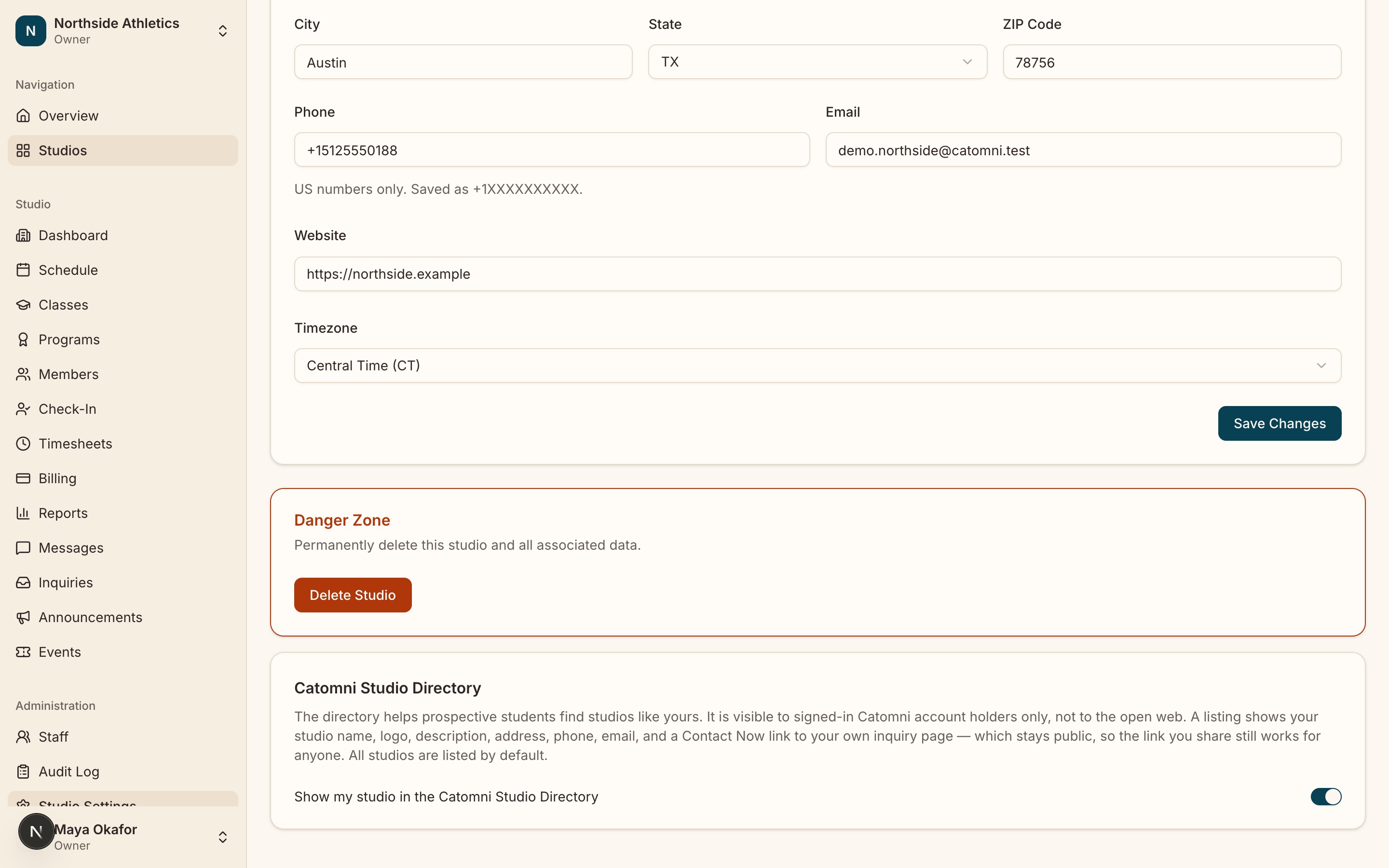 The General tab scrolled to the "Catomni Studio Directory" card, with the listing switch and the line stating whether the studio is currently listed.