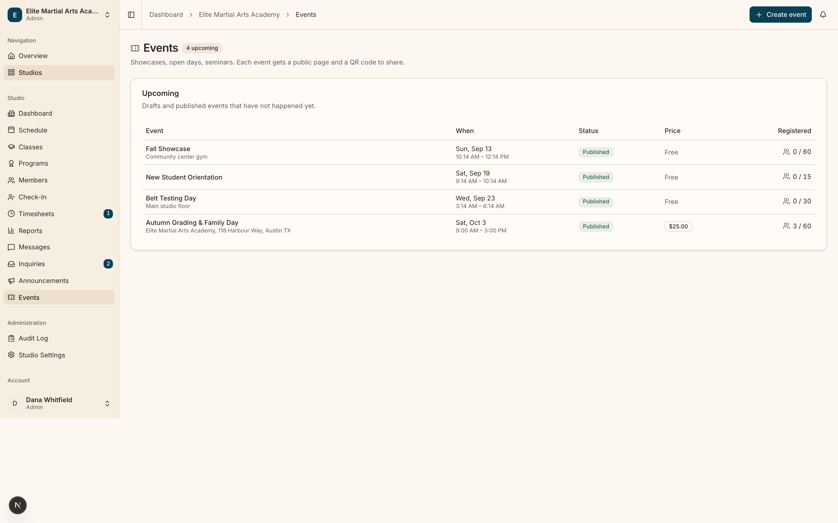 The studio Events list showing published events with their dates, audience, price and registration counts.