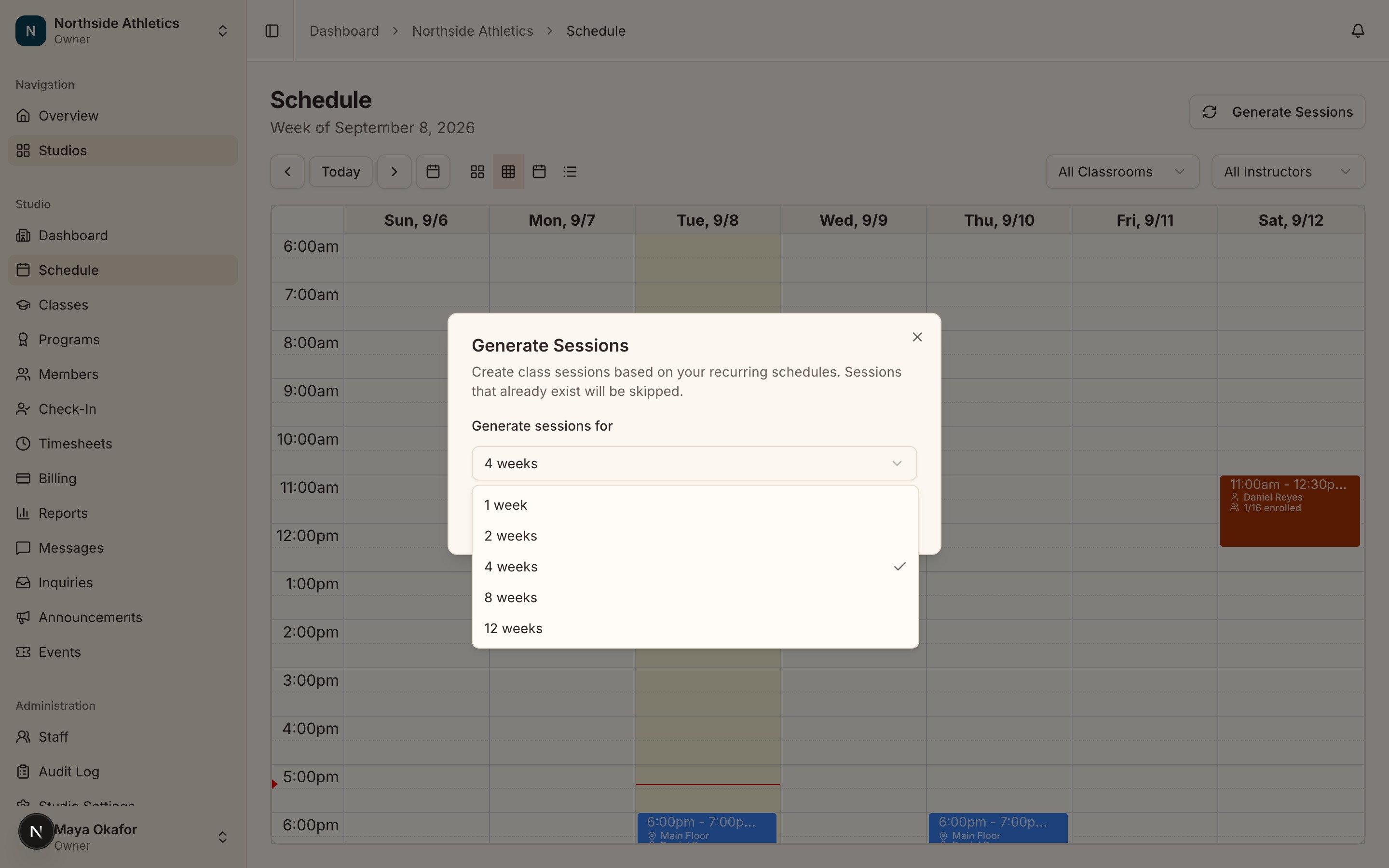 The Schedule week view with the "Generate Sessions" dialog open, showing the duration select (1 week / 2 weeks / 4 weeks / 8 weeks / 12 weeks) and the explanatory line about existing sessions being skipped.