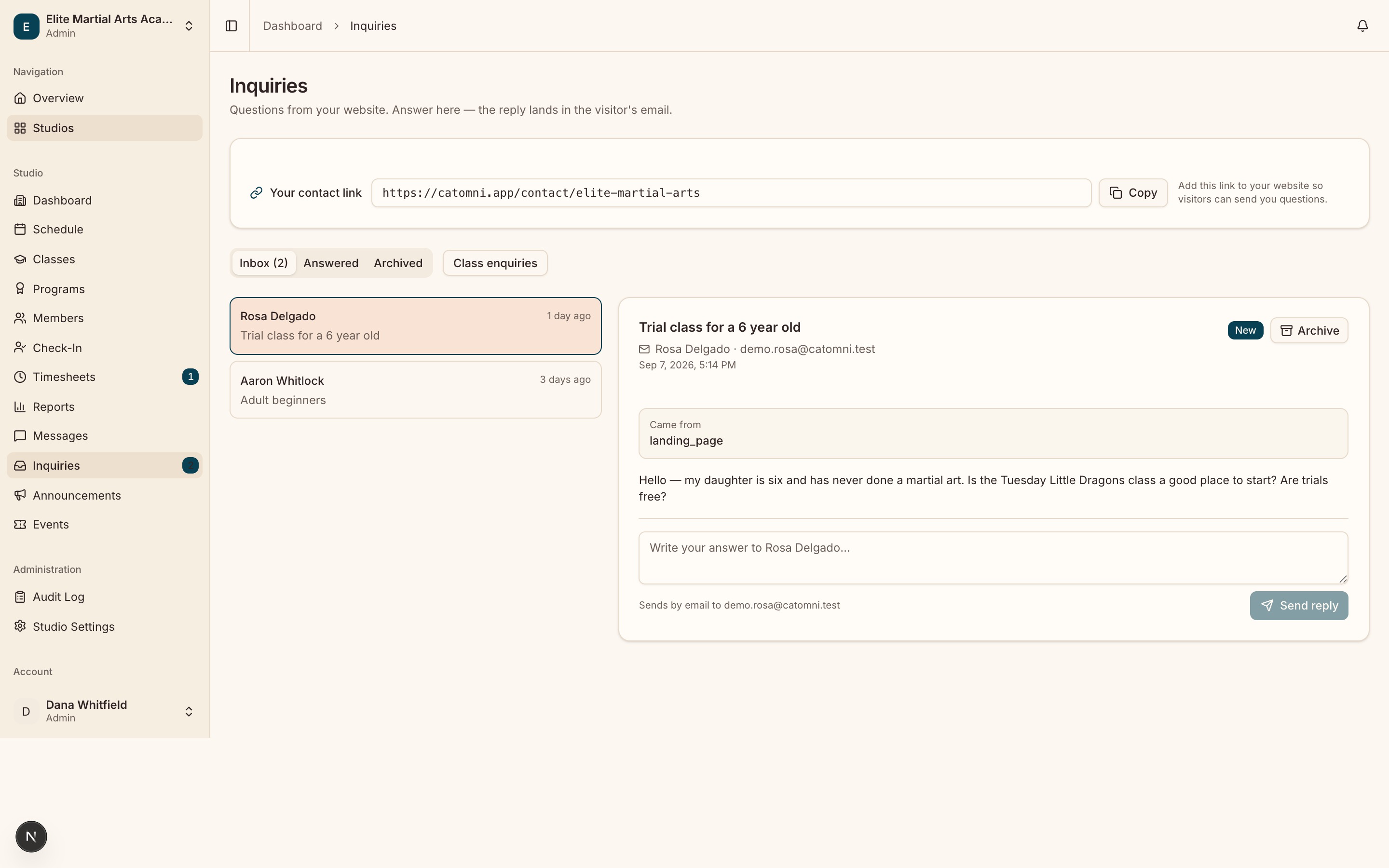 The Inquiries inbox listing new and answered enquiries with the sender, subject and status.