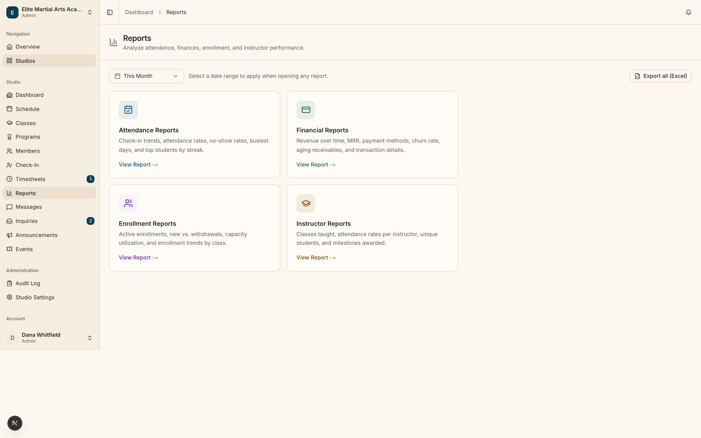 The Reports index listing the four report families — Attendance, Financial, Enrollment and Instructor — each with a line describing what it covers, above the date-range control and Export all.