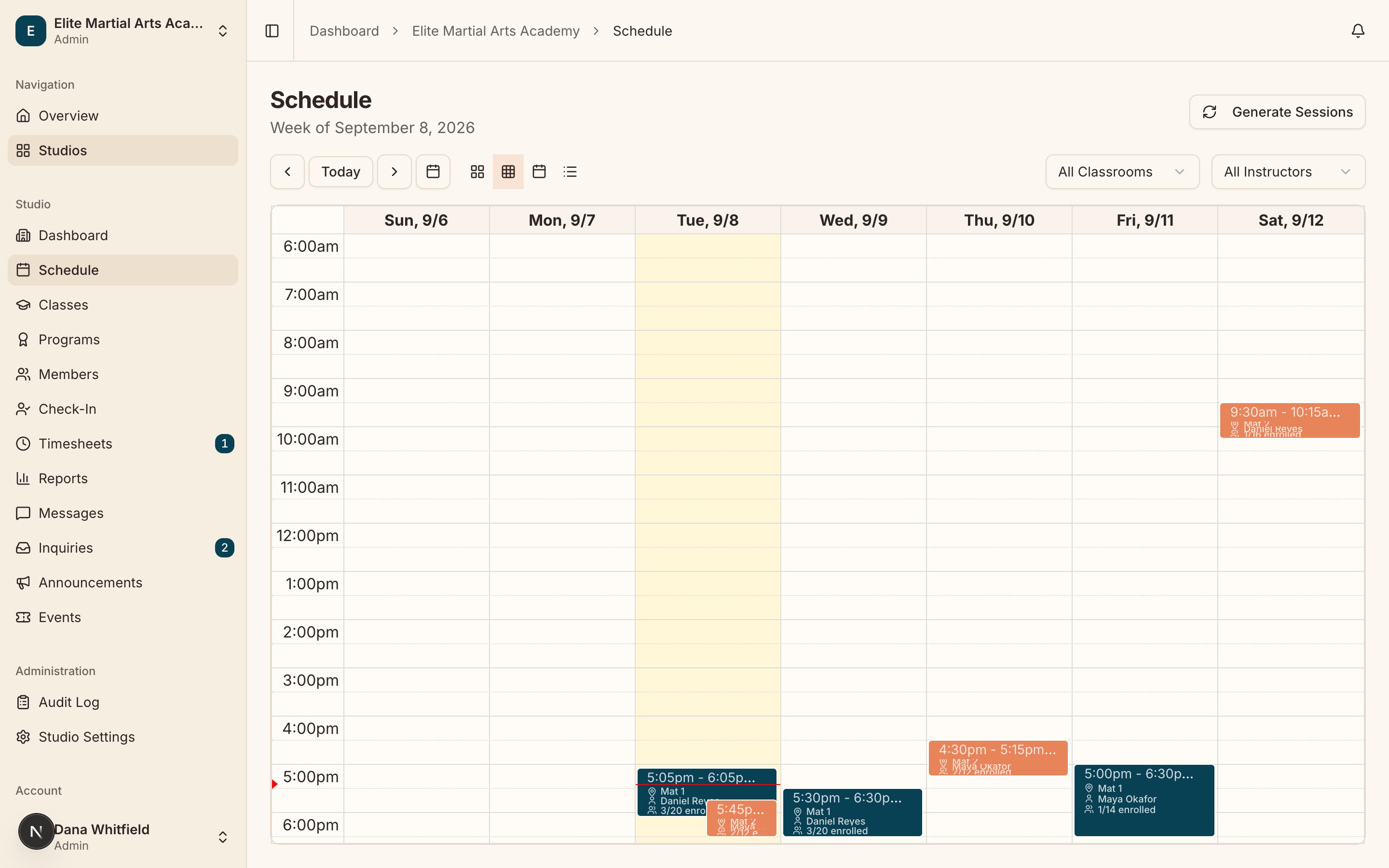 The Schedule in week view with sessions laid out across the days, showing their times and instructors.