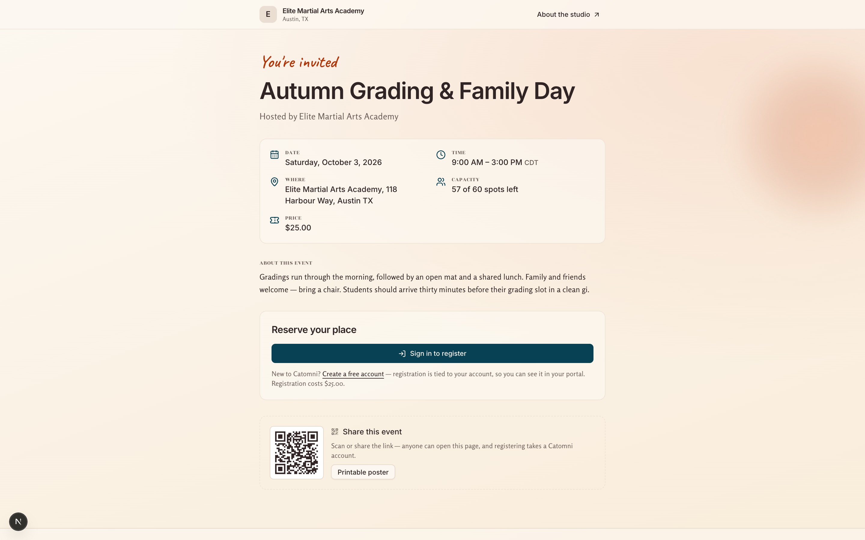 A published event page: the event title above a details card carrying the date, time, location, capacity and a $25.00 price, the description below it, and a "Reserve your place" panel with a Sign in to register button and a QR code for sharing the link.
