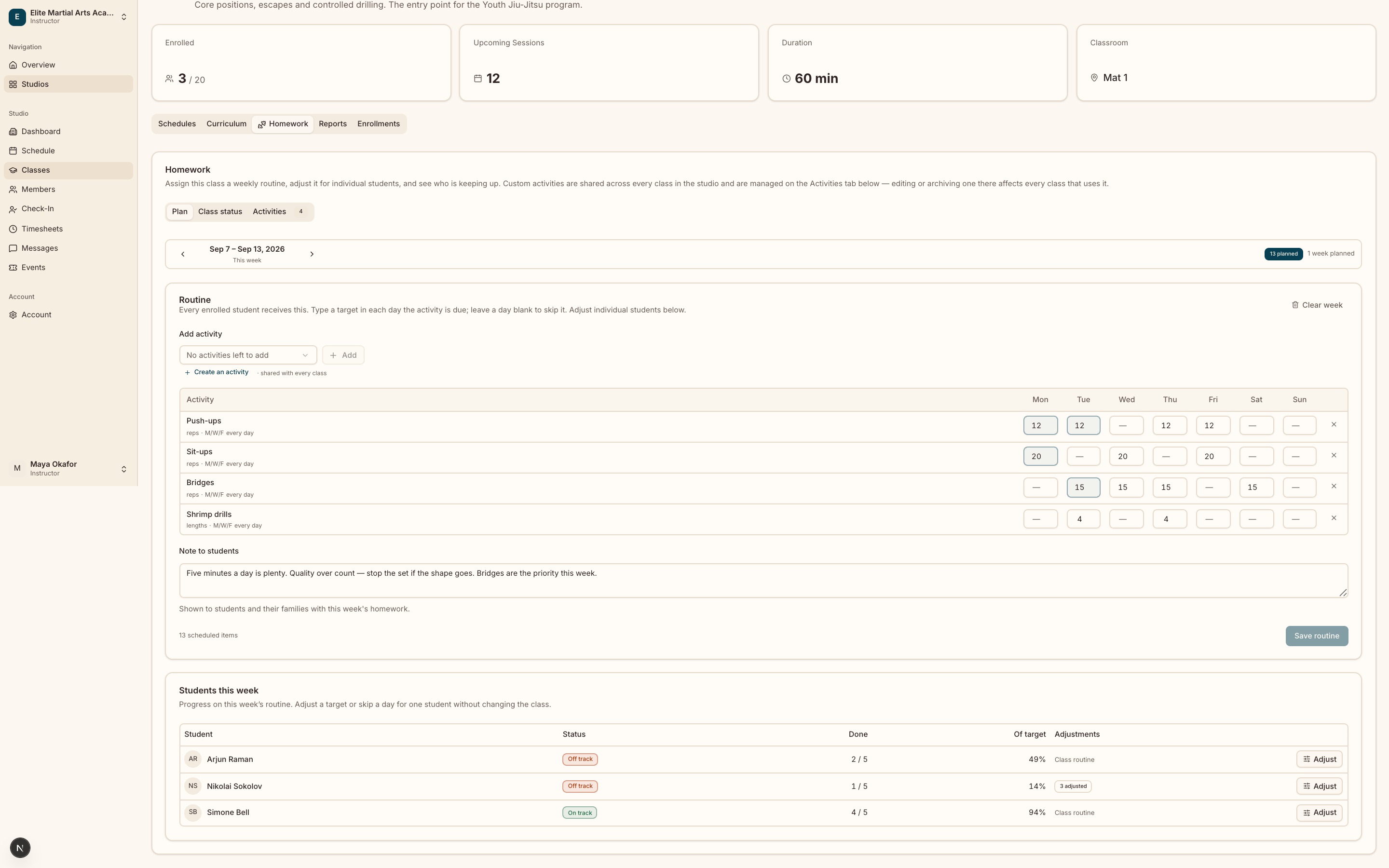 A class’s Homework tab on the Plan sub-tab: four activities down the left with targets typed into some weekday columns and dashes in the rest, a note to students below the grid, and a "Students this week" table underneath showing three children with one badged "3 adjusted".