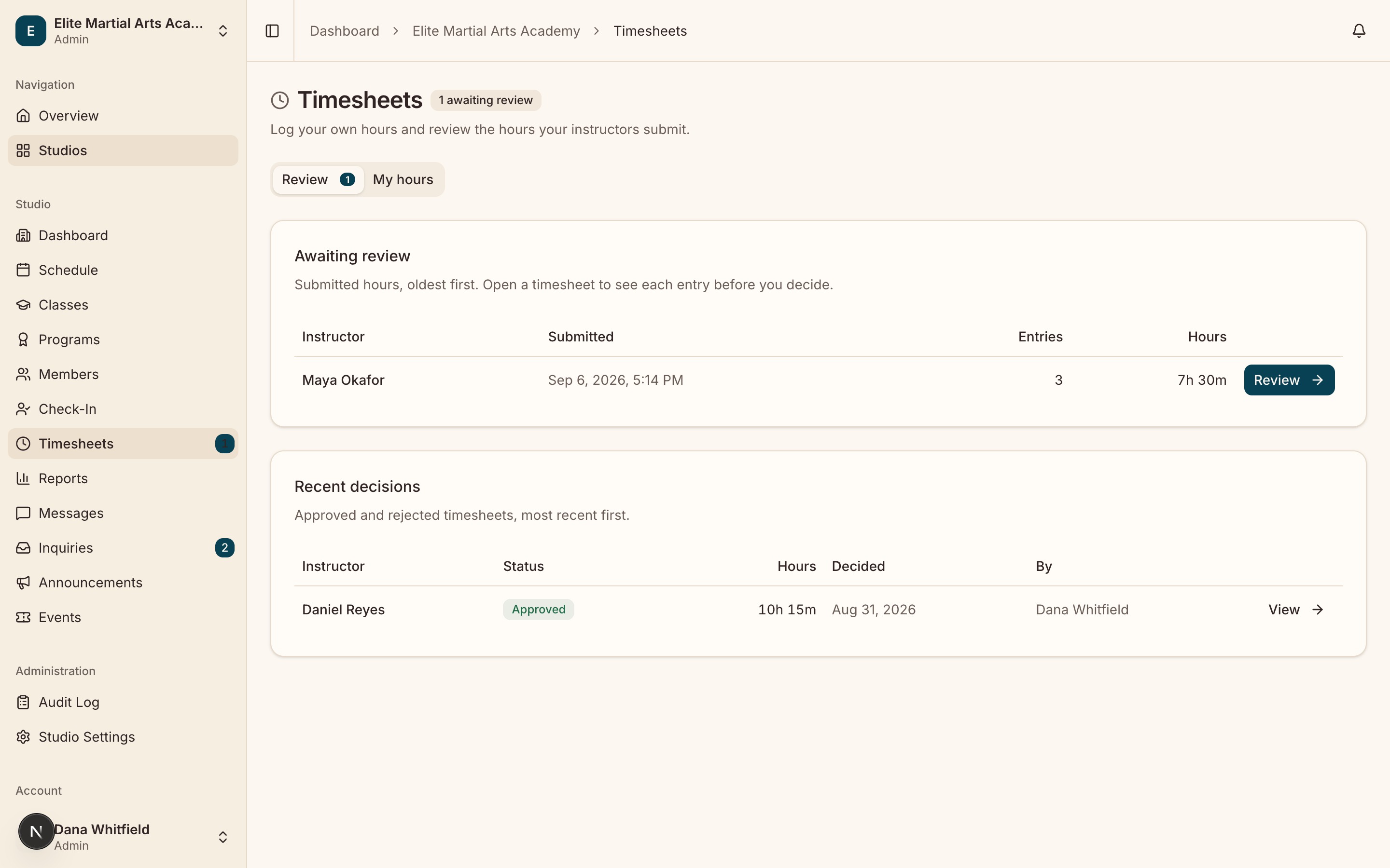 The Timesheets Review tab: an "Awaiting review" table listing one instructor’s submitted sheet with its entry count and 7h 30m total beside a Review button, and a "Recent decisions" table below showing an approved sheet, its hours, and who decided it.